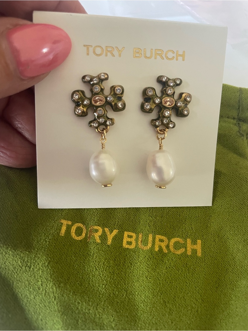 Tory Burch Gold Crystal Cross Drop Earrings with Pearl Drops